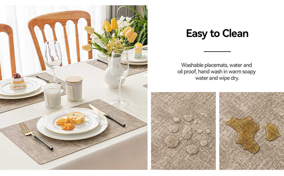 Romanstile Vinyl Placemats Set of 6-12 X 18 Inch - Heat Resistant Place Mats 100% Waterproof Oilproof Wipeable Reversible Faux Leather Table Mats for Kitchen/Dining/Party/Outdoor, Khaki