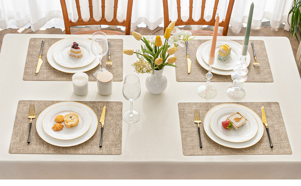 Romanstile Vinyl Placemats Set of 6-12 X 18 Inch - Heat Resistant Place Mats 100% Waterproof Oilproof Wipeable Reversible Faux Leather Table Mats for Kitchen/Dining/Party/Outdoor, Khaki