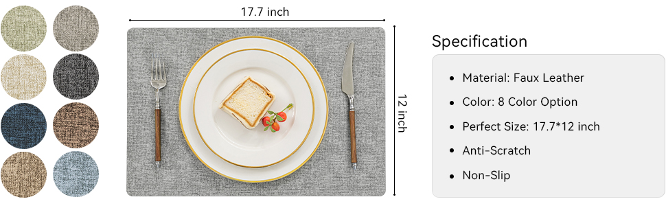 Romanstile Vinyl Placemats Set of 4-12 X 17 Inch - Faux Leather 100% Waterproof Oil-Proof Wipeable Place Mats, Heat Resistant Reversible PU Table Mats for Kitchen Dining Party Outdoor, Light Grey