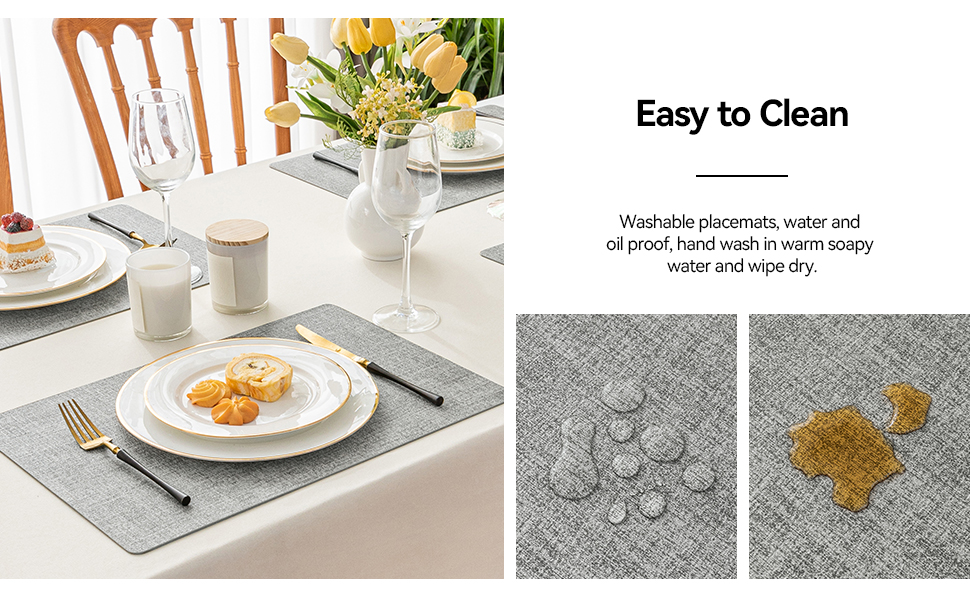 Romanstile Vinyl Placemats Set of 4-12 X 17 Inch - Faux Leather 100% Waterproof Oil-Proof Wipeable Place Mats, Heat Resistant Reversible PU Table Mats for Kitchen Dining Party Outdoor, Light Grey