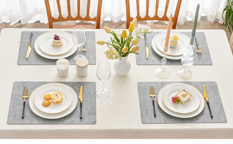 Romanstile Vinyl Placemats Set of 4-12 X 17 Inch - Faux Leather 100% Waterproof Oil-Proof Wipeable Place Mats, Heat Resistant Reversible PU Table Mats for Kitchen Dining Party Outdoor, Light Grey