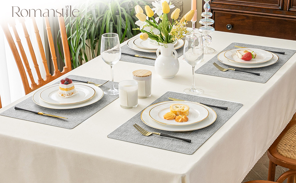 Romanstile Vinyl Placemats Set of 4-12 X 17 Inch - Faux Leather 100% Waterproof Oil-Proof Wipeable Place Mats, Heat Resistant Reversible PU Table Mats for Kitchen Dining Party Outdoor, Light Grey