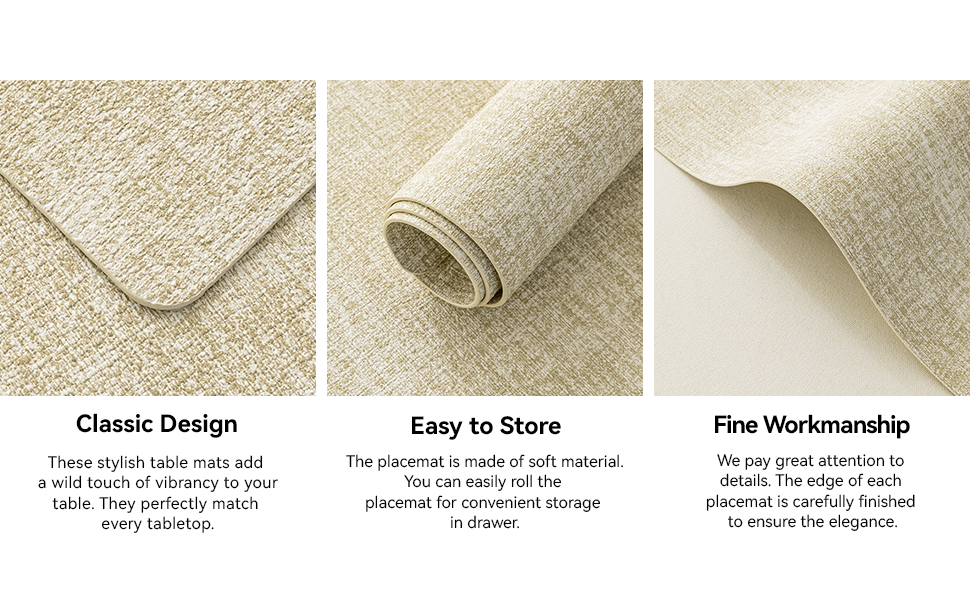 Romanstile Vinyl Placemats Set of 6-12 X 17 Inch - Faux Leather 100% Waterproof Oil-Proof Wipeable Place Mats, Heat Resistant Reversible PU Table Mats for Kitchen Dining Party Outdoor, Beige