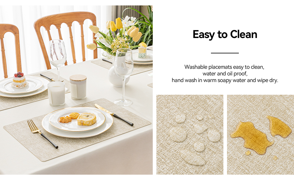 Romanstile Vinyl Placemats Set of 6-12 X 17 Inch - Faux Leather 100% Waterproof Oil-Proof Wipeable Place Mats, Heat Resistant Reversible PU Table Mats for Kitchen Dining Party Outdoor, Beige