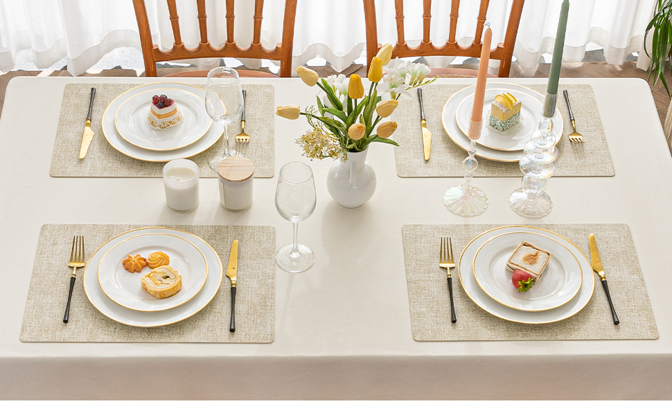 Romanstile Vinyl Placemats Set of 6-12 X 17 Inch - Faux Leather 100% Waterproof Oil-Proof Wipeable Place Mats, Heat Resistant Reversible PU Table Mats for Kitchen Dining Party Outdoor, Beige