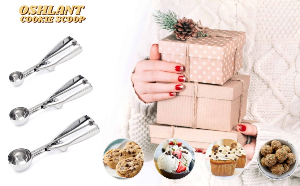 Ice Cream Scoop, 3Pcs Cookie Scoop Set, 18/8 Stainless Steel Cookie Dough Scoop, Cookie Scoops for Baking Set of 3, Ice Cream Scooper with Trigger Release, Cookie Scooper for Baking