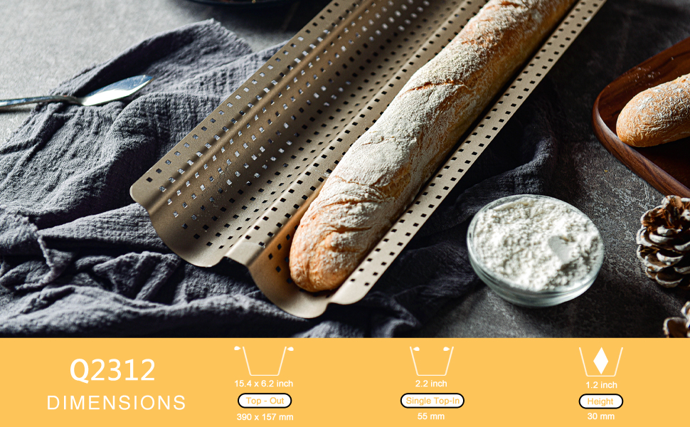 French Baguette Bread Pan, Perforated 2 Loaves Baguette Baking Pan, 14.75
