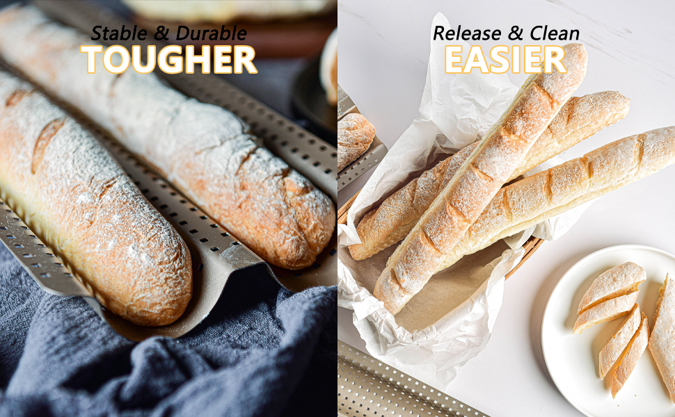 French Baguette Bread Pan, Perforated 2 Loaves Baguette Baking Pan, 14.75