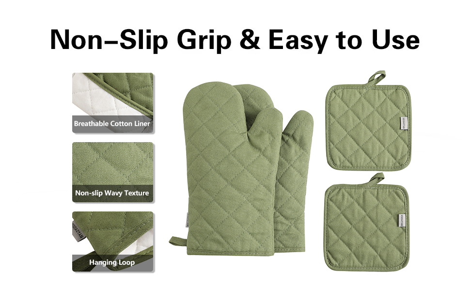Oven Mitts and Pot Holders 4 pcs Set,High Heat Resistant 500 Degree Extra Thicken Long Kitchen Cotton Oven Glove for Cooking (12 Inch,Green)