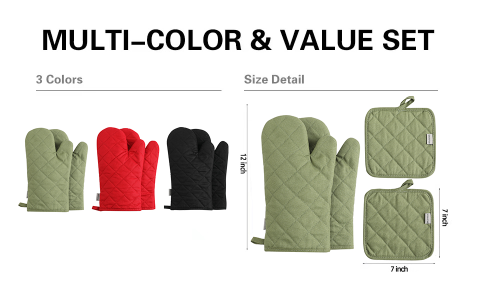 Oven Mitts and Pot Holders 4 pcs Set,High Heat Resistant 500 Degree Extra Thicken Long Kitchen Cotton Oven Glove for Cooking (12 Inch,Green)