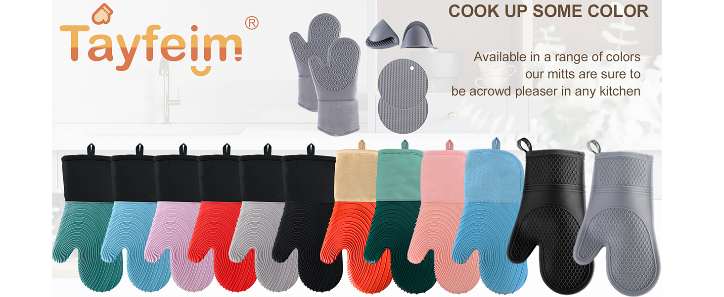 Silicone Oven Mitts-13.6 in Extended Oven Mitts Heat Resistant 500F, Oven Gloves with Soft Liner Good Grippy BPA-Free Easy to Clean Flexible-Oven Mits Set for Cooking Baking Grilling BBQ