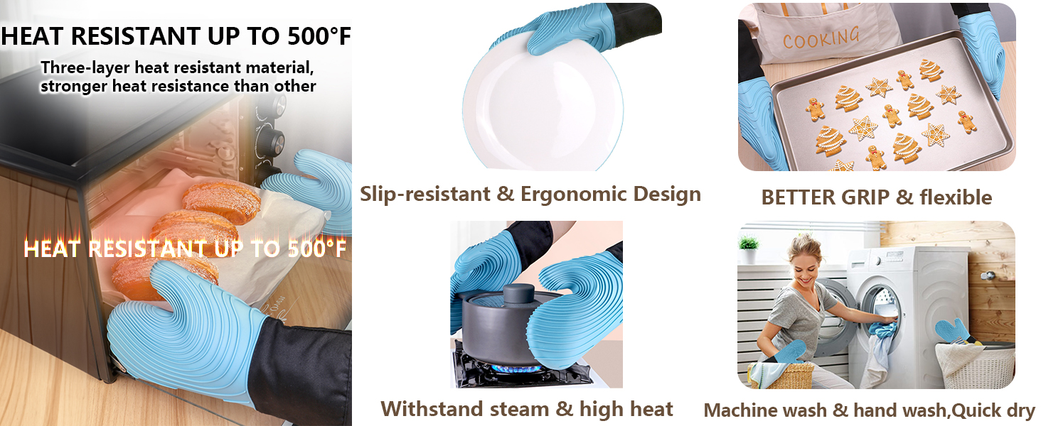 Silicone Oven Mitts-13.6 in Extended Oven Mitts Heat Resistant 500F, Oven Gloves with Soft Liner Good Grippy BPA-Free Easy to Clean Flexible-Oven Mits Set for Cooking Baking Grilling BBQ
