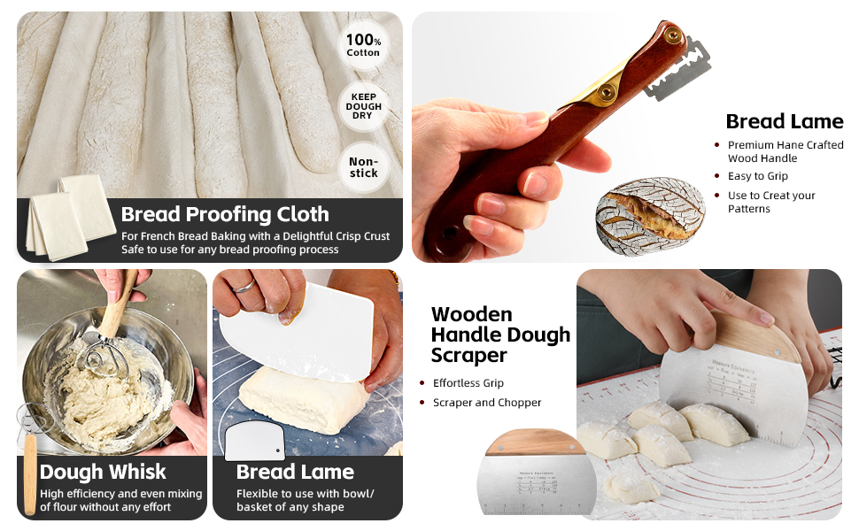 Premium Baguettes Transfer Peel Set with 2pcs Bread Proofing Cloth, Baking Couch - Bread Lame - Dough Scraper - Baking Tray