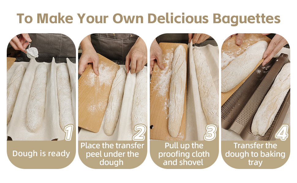 Premium Baguettes Transfer Peel Set with 2pcs Bread Proofing Cloth, Baking Couch - Bread Lame - Dough Scraper - Baking Tray