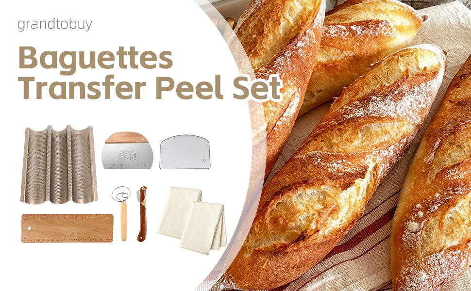 Premium Baguettes Transfer Peel Set with 2pcs Bread Proofing Cloth, Baking Couch - Bread Lame - Dough Scraper - Baking Tray