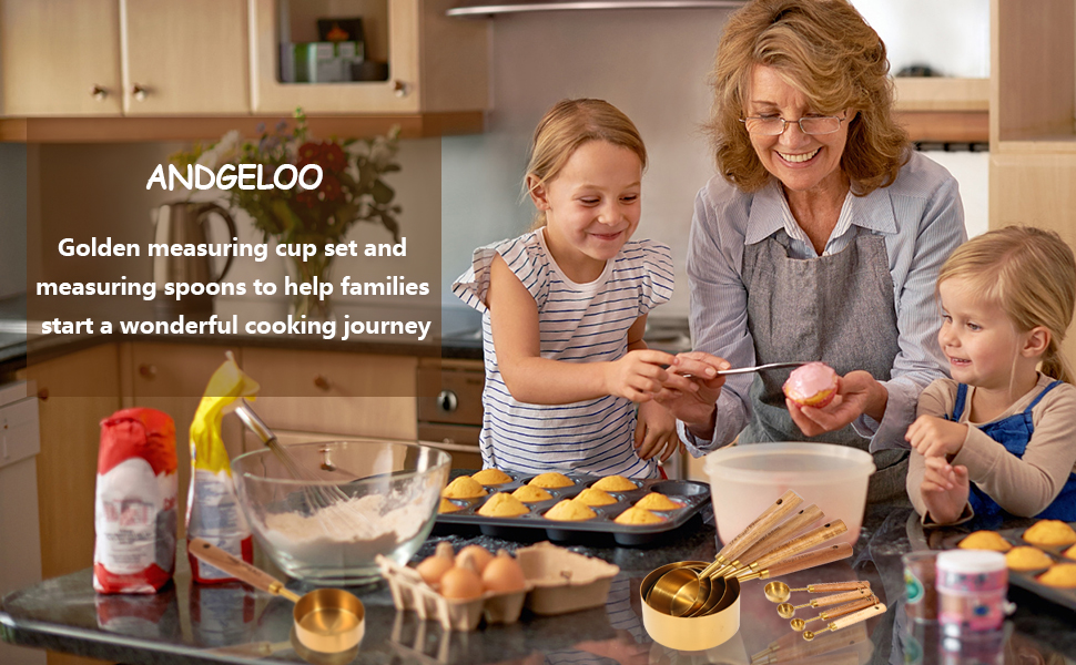 Gold Measuring Cups and Spoons Set with Fragrant Wood Handles, Premium Stainless Steel Measuring Spoons and Measuring Cups Set, For Cooking and Baking in the Kitchen (8 Piece)