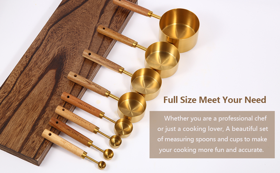 Gold Measuring Cups and Spoons Set with Fragrant Wood Handles, Premium Stainless Steel Measuring Spoons and Measuring Cups Set, For Cooking and Baking in the Kitchen (8 Piece)
