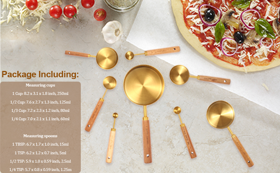 Gold Measuring Cups and Spoons Set with Fragrant Wood Handles, Premium Stainless Steel Measuring Spoons and Measuring Cups Set, For Cooking and Baking in the Kitchen (8 Piece)
