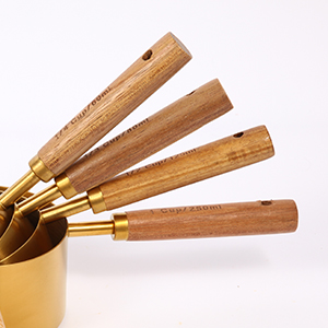 Gold Measuring Cups and Spoons Set with Fragrant Wood Handles, Premium Stainless Steel Measuring Spoons and Measuring Cups Set, For Cooking and Baking in the Kitchen (8 Piece)