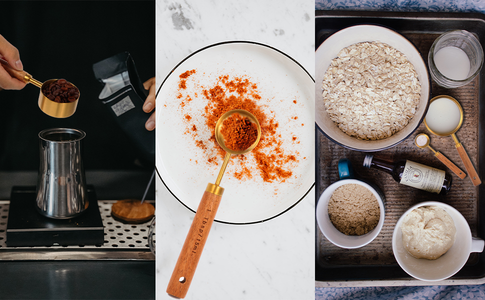 Gold Measuring Cups and Spoons Set with Fragrant Wood Handles, Premium Stainless Steel Measuring Spoons and Measuring Cups Set, For Cooking and Baking in the Kitchen (8 Piece)