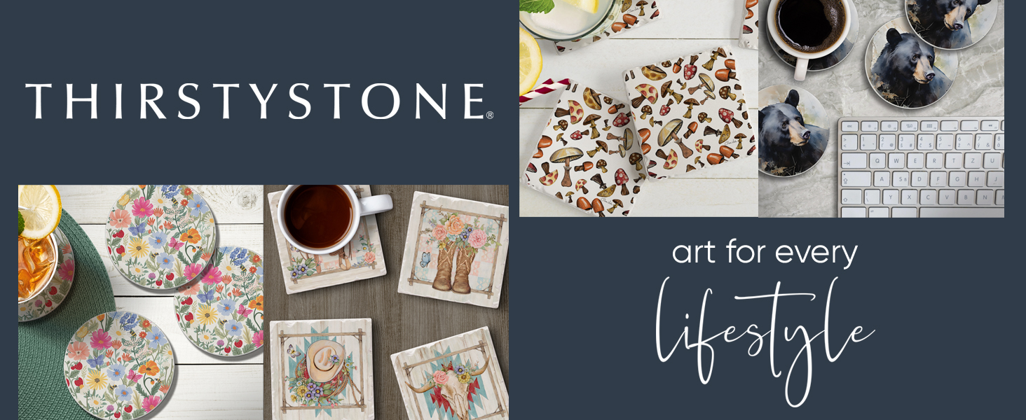 Thirstystone Set of 6 Thick Dark Cork Coasters in Attractive Black Coaster Holder 4.7