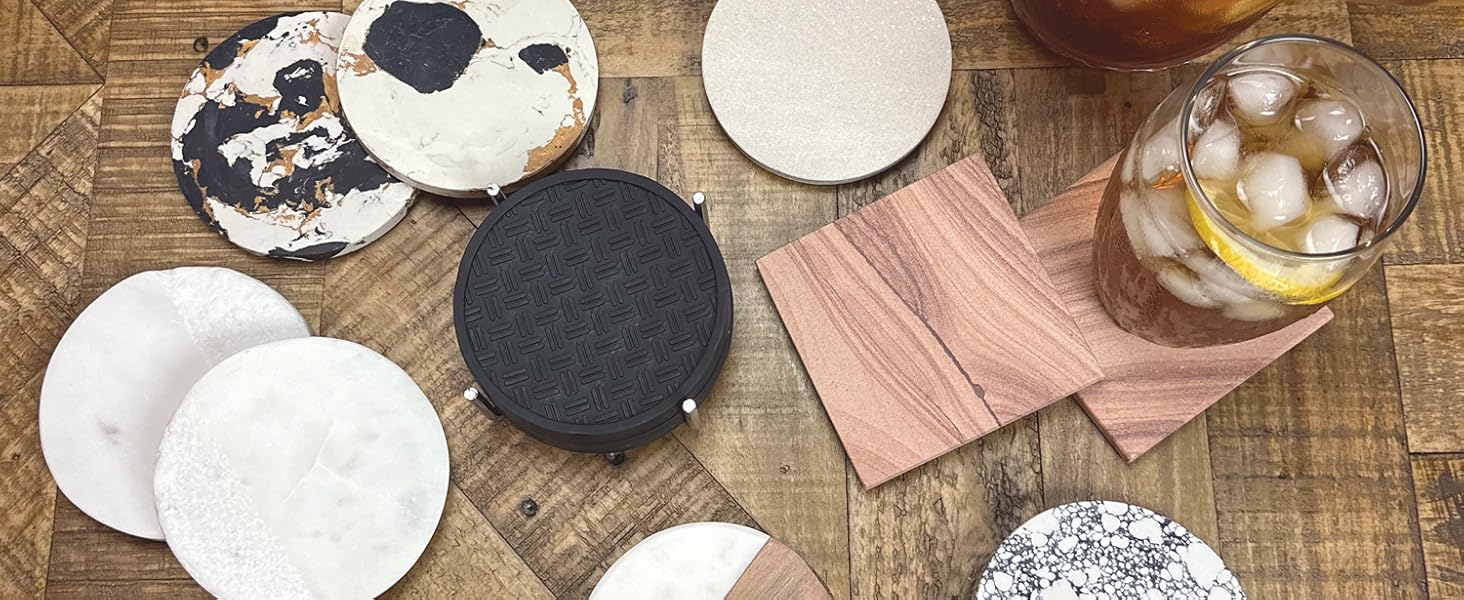 Thirstystone Set of 6 Thick Dark Cork Coasters in Attractive Black Coaster Holder 4.7