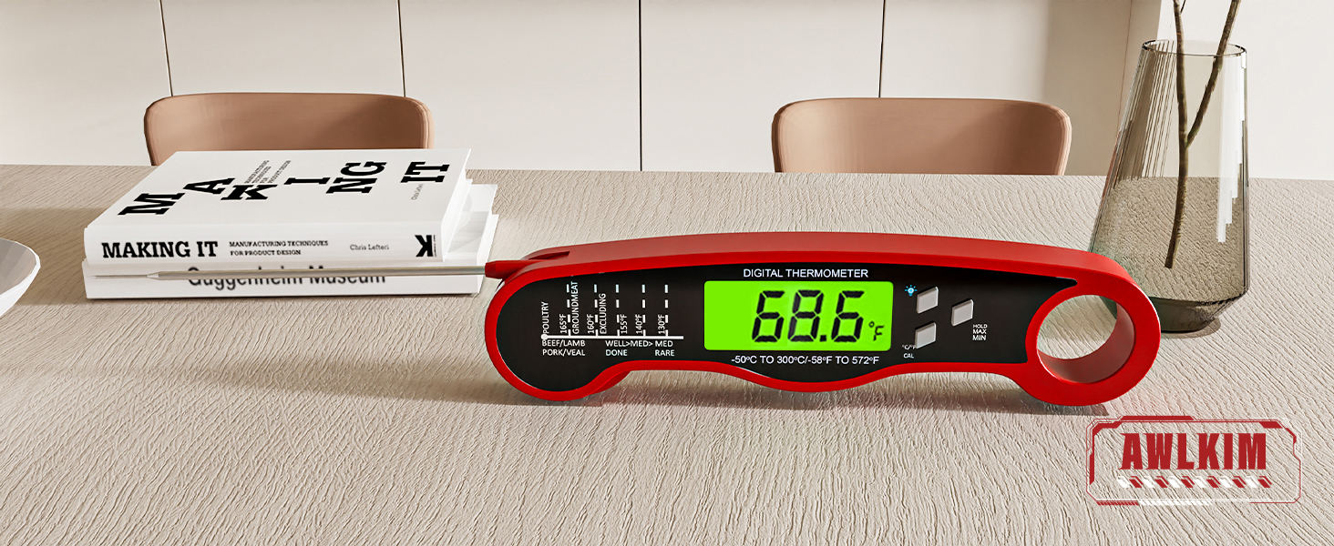 Meat Thermometer Digital - Instant Read Waterproof Food Thermometer with Backlight for Cooking, Grill, Candy, Kitchen & Stocking Stuffers for Men - Red