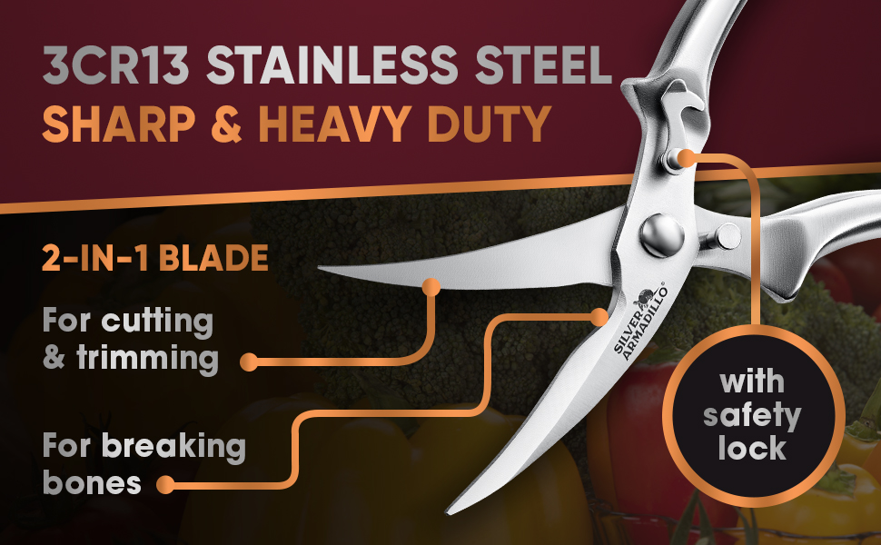 Heavy Duty Poultry Shears - Professional Stainless Steel Kitchen Scissors for Bone, Chicken, Meat, Fish & Vegetables - Spring Loaded (Stainless Steel handles)