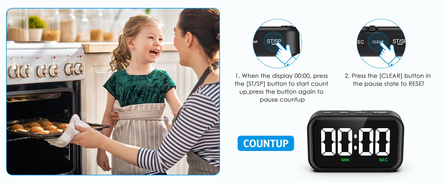 Digital Kitchen Timer, Digital Timer with Large LED Display, Magnetic Kitchen Timer for Cooking, 3 Volume Levels for Classroom/Office/Home/Work/Study, Black (Battery Included)