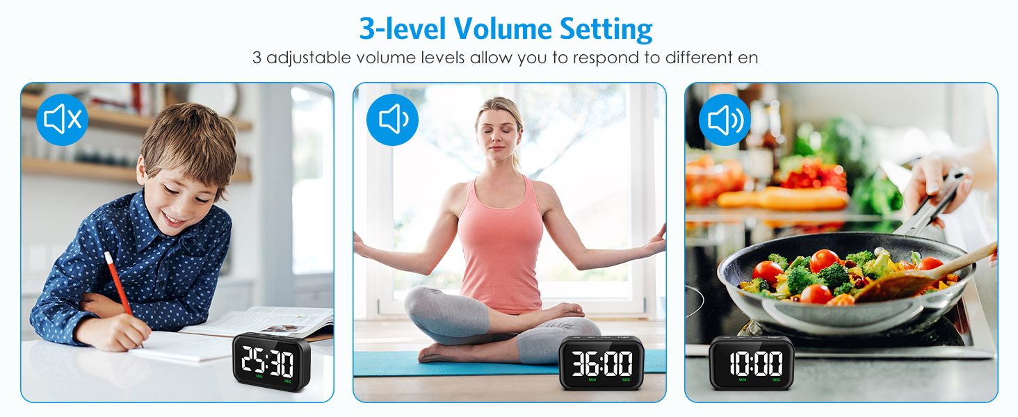 Digital Kitchen Timer, Digital Timer with Large LED Display, Magnetic Kitchen Timer for Cooking, 3 Volume Levels for Classroom/Office/Home/Work/Study, Black (Battery Included)