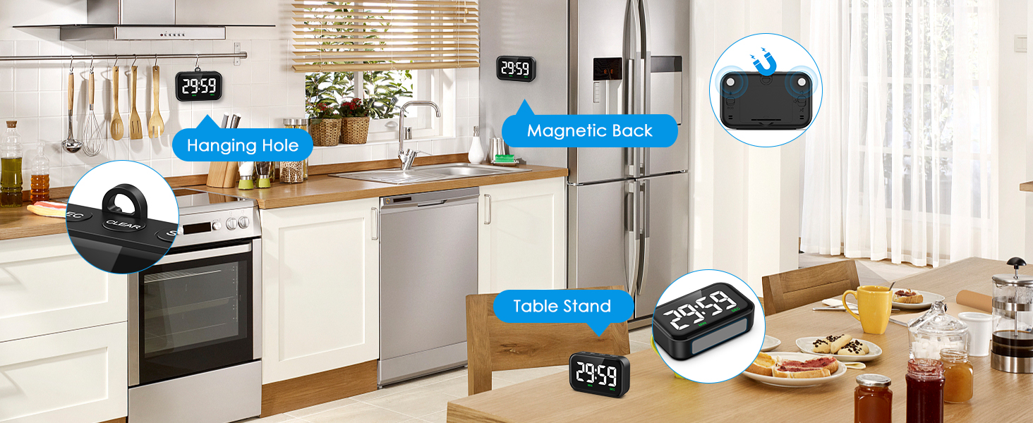 Digital Kitchen Timer, Digital Timer with Large LED Display, Magnetic Kitchen Timer for Cooking, 3 Volume Levels for Classroom/Office/Home/Work/Study, Black (Battery Included)