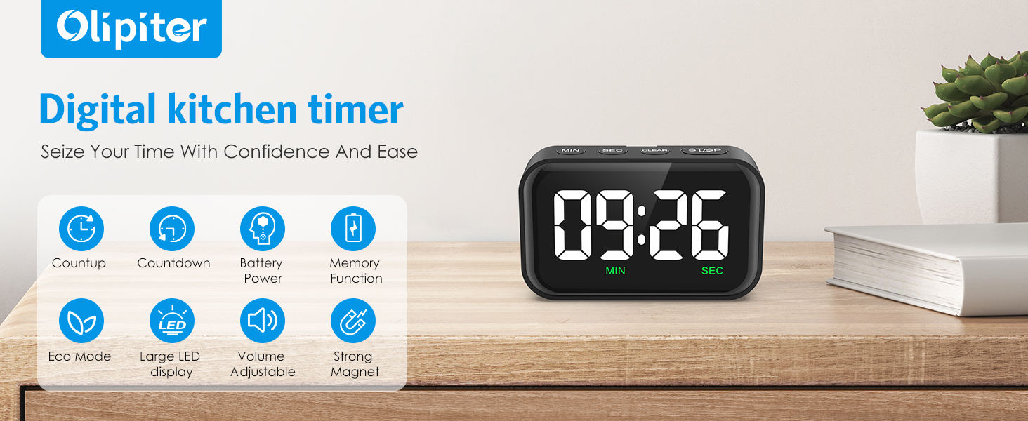 Digital Kitchen Timer, Digital Timer with Large LED Display, Magnetic Kitchen Timer for Cooking, 3 Volume Levels for Classroom/Office/Home/Work/Study, Black (Battery Included)