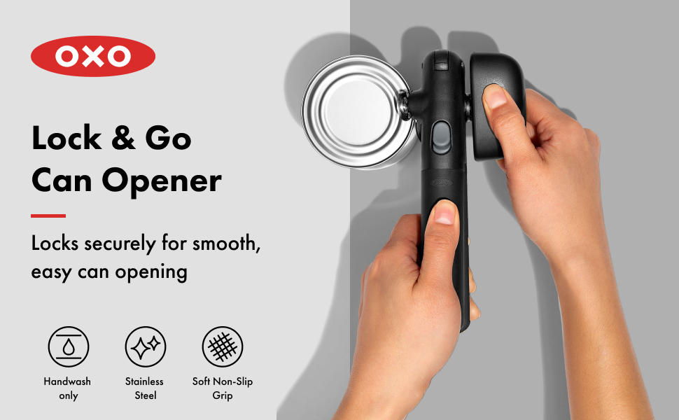 OXO Good Grips Lock & Go Can Opener, Manual Can Opener with Locking Arms and Easy-Release Button, Handheld Kitchen Gadget, Compact Kitchen Utensil for Everyday Use