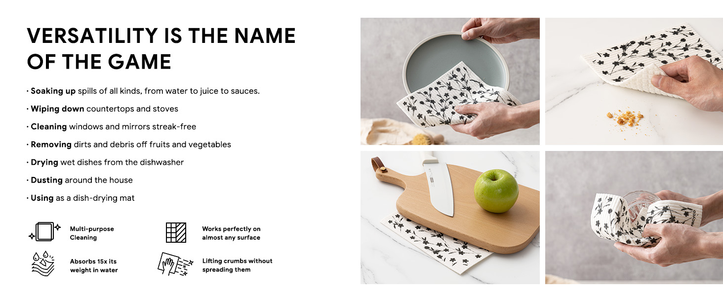 RECYCO Swedish Dishcloths for Kitchen | 5 Pack Geometric Washable Dish Rags | Cellulose Reusable Cleaning Paper Towels | Absorbent Counter Dish Cloth Sponge Kitchen Wipes, 8