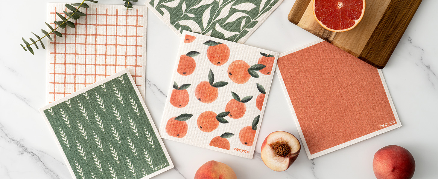 RECYCO Swedish Dishcloths for Kitchen | 5 Pack Geometric Washable Dish Rags | Cellulose Reusable Cleaning Paper Towels | Absorbent Counter Dish Cloth Sponge Kitchen Wipes, 8