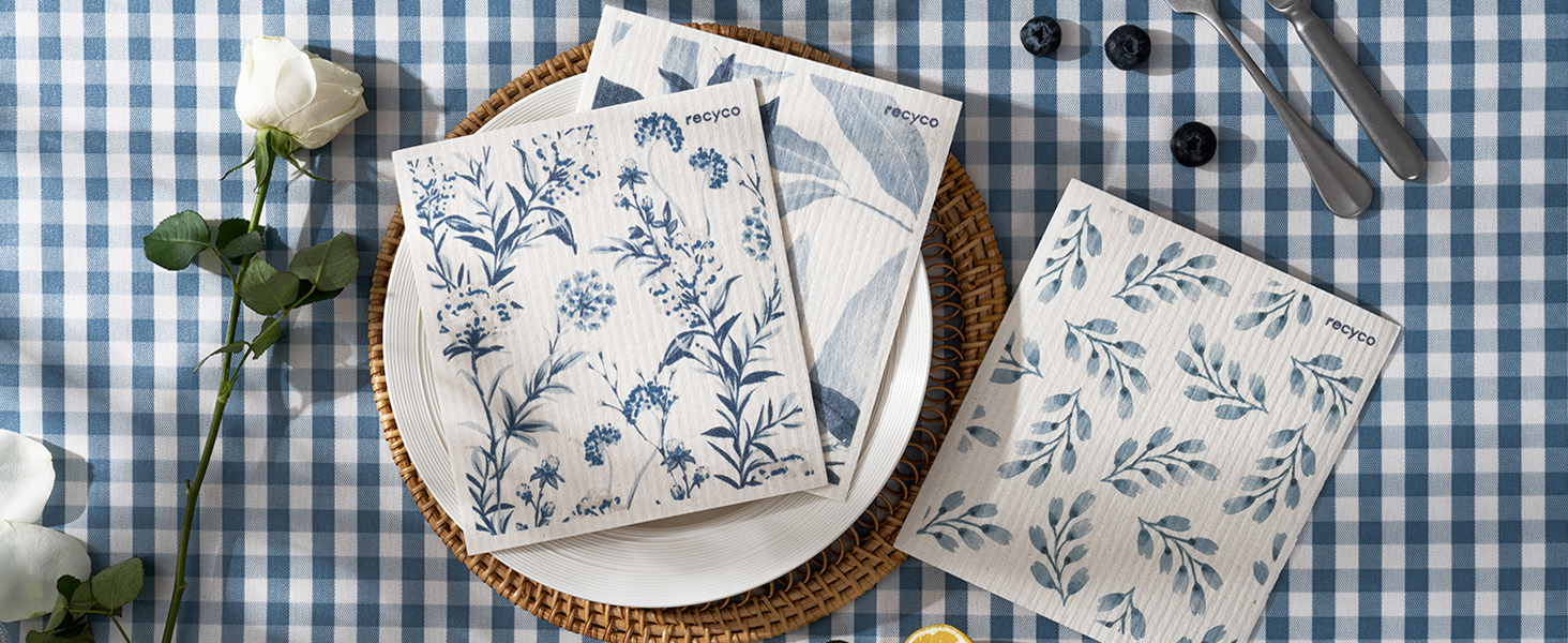 RECYCO Swedish Dishcloths for Kitchen | 5 Pack Geometric Washable Dish Rags | Cellulose Reusable Cleaning Paper Towels | Absorbent Counter Dish Cloth Sponge Kitchen Wipes, 8