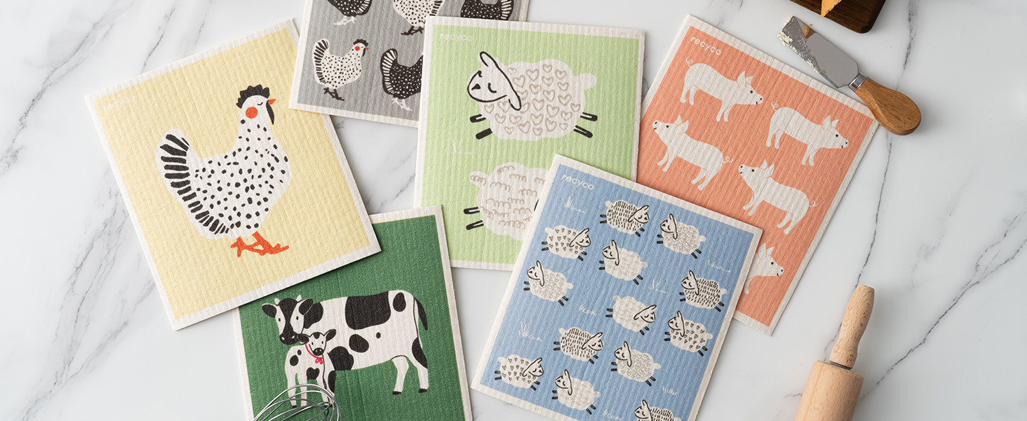 RECYCO Swedish Dishcloths for Kitchen | 5 Pack Geometric Washable Dish Rags | Cellulose Reusable Cleaning Paper Towels | Absorbent Counter Dish Cloth Sponge Kitchen Wipes, 8