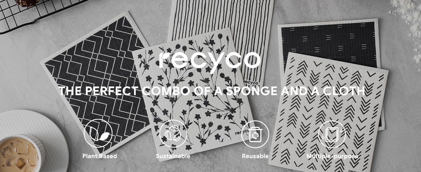 RECYCO Swedish Dishcloths for Kitchen | 5 Pack Geometric Washable Dish Rags | Cellulose Reusable Cleaning Paper Towels | Absorbent Counter Dish Cloth Sponge Kitchen Wipes, 8