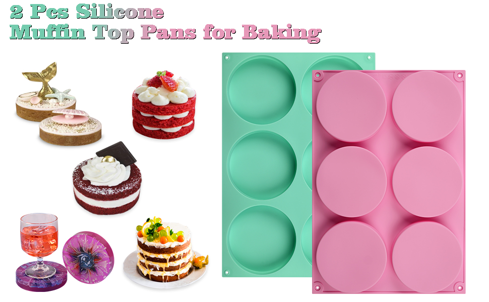 HUAKENER 2 Pcs Silicone Muffin Top Pans for Baking, 4 Inch Non-Stick Round Baking Molds for Mini Cake, Muffin Top, Dessert, Hamburger, Sandwiches Making