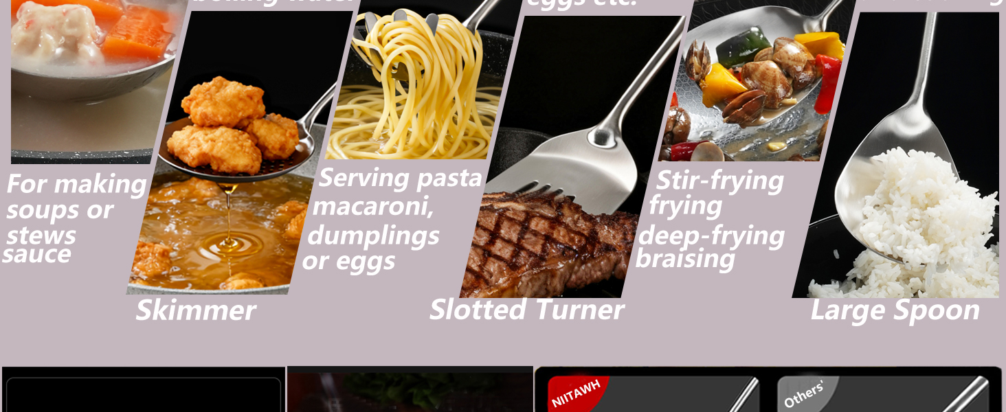 Stainless Steel Kitchen Utensils Set, 6 Pcs Professional All Metal Cooking Utensils Set 12-13.6 Inch, Wok Spatula, Ladle, Skimmer, Slotted Spatula Turner, Spaghetti Spoon, Large Spoon