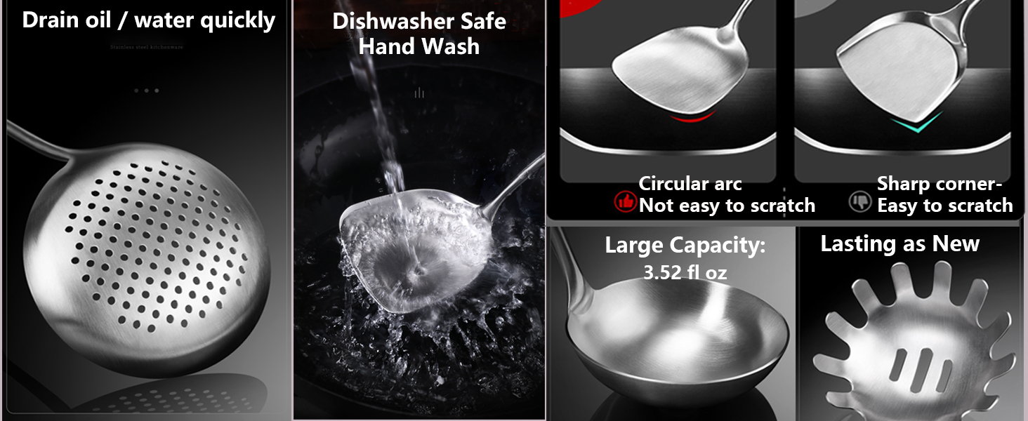 Stainless Steel Kitchen Utensils Set, 6 Pcs Professional All Metal Cooking Utensils Set 12-13.6 Inch, Wok Spatula, Ladle, Skimmer, Slotted Spatula Turner, Spaghetti Spoon, Large Spoon