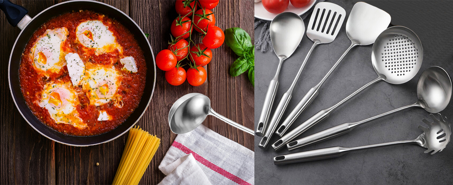 Stainless Steel Kitchen Utensils Set, 6 Pcs Professional All Metal Cooking Utensils Set 12-13.6 Inch, Wok Spatula, Ladle, Skimmer, Slotted Spatula Turner, Spaghetti Spoon, Large Spoon