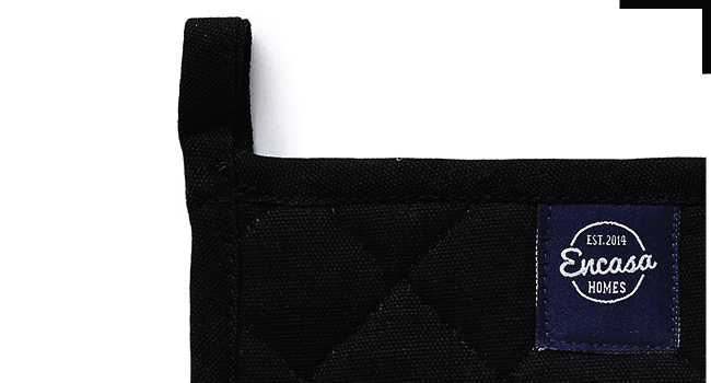 Encasa XO Heat Resistant Cotton Pot Holders with Hanging Loop - Set of 2 - Full Black - Multipurpose Quilted Everyday Hot Pad for Kitchen, Camping, BBQ & Microwave - 8x8 in