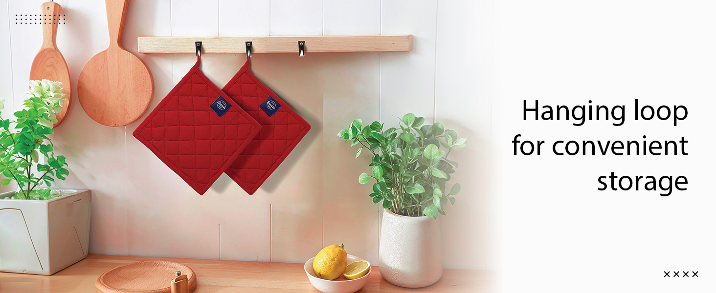 Encasa XO Heat Resistant Cotton Pot Holders with Hanging Loop - Set of 2 - Full Black - Multipurpose Quilted Everyday Hot Pad for Kitchen, Camping, BBQ & Microwave - 8x8 in