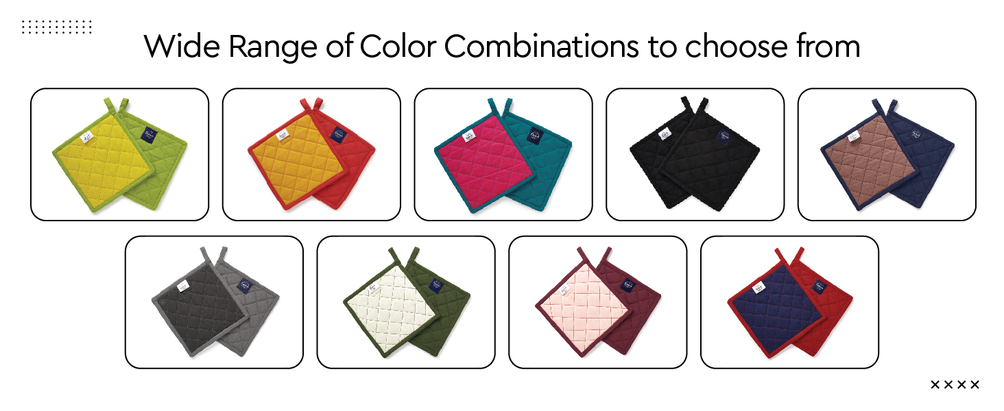 Encasa XO Heat Resistant Cotton Pot Holders with Hanging Loop - Set of 2 - Full Black - Multipurpose Quilted Everyday Hot Pad for Kitchen, Camping, BBQ & Microwave - 8x8 in