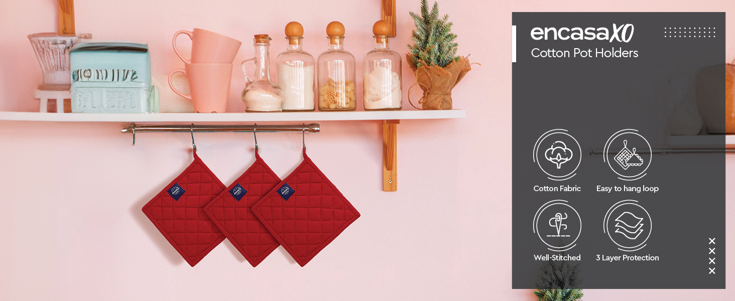 Encasa XO Heat Resistant Cotton Pot Holders with Hanging Loop - Set of 2 - Full Black - Multipurpose Quilted Everyday Hot Pad for Kitchen, Camping, BBQ & Microwave - 8x8 in