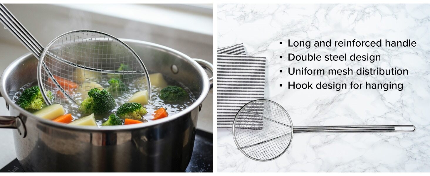 Nexgrill Skimmer Spoon 18-Inch Chrome-Plated Steel Fryer Scoop for Seafood & Crawfish Boils, Wire Strainer Spoon with Handle for Kitchen & Outdoor Cooking – 530-0119