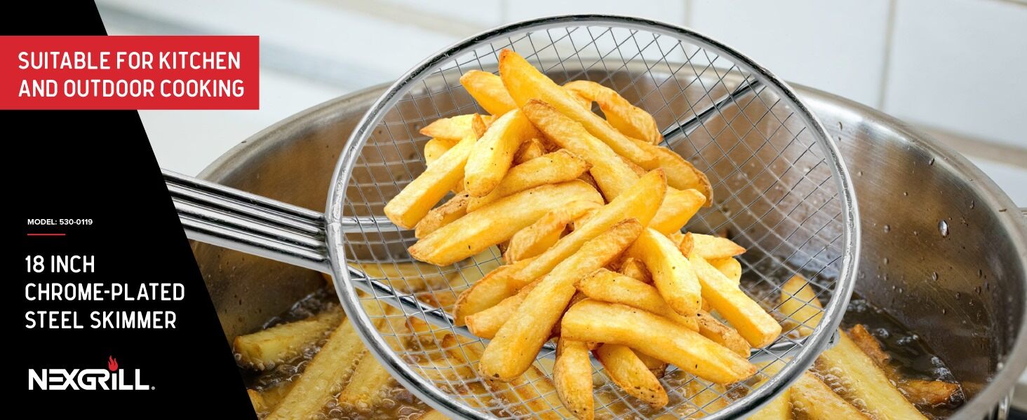 Nexgrill Skimmer Spoon 18-Inch Chrome-Plated Steel Fryer Scoop for Seafood & Crawfish Boils, Wire Strainer Spoon with Handle for Kitchen & Outdoor Cooking – 530-0119