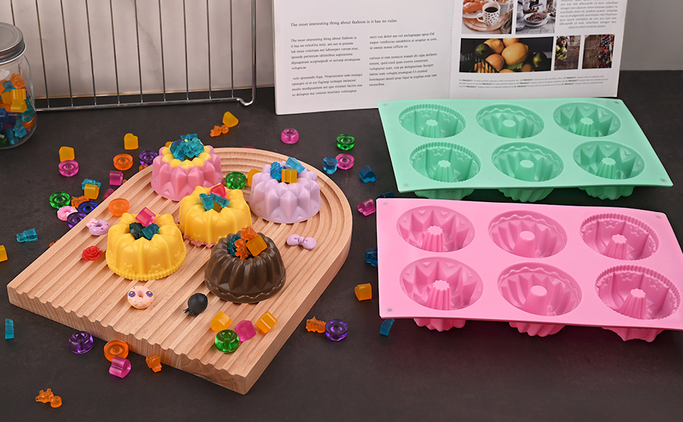 HUAKENER 2 Pcs Mini Fluted Cake Pan, 6-Cavity Fluted Tube Cake Pan, Non-stick Silicone Baking Mold for Cupcakes, Donuts, Cornbread, Brownies, Jellies