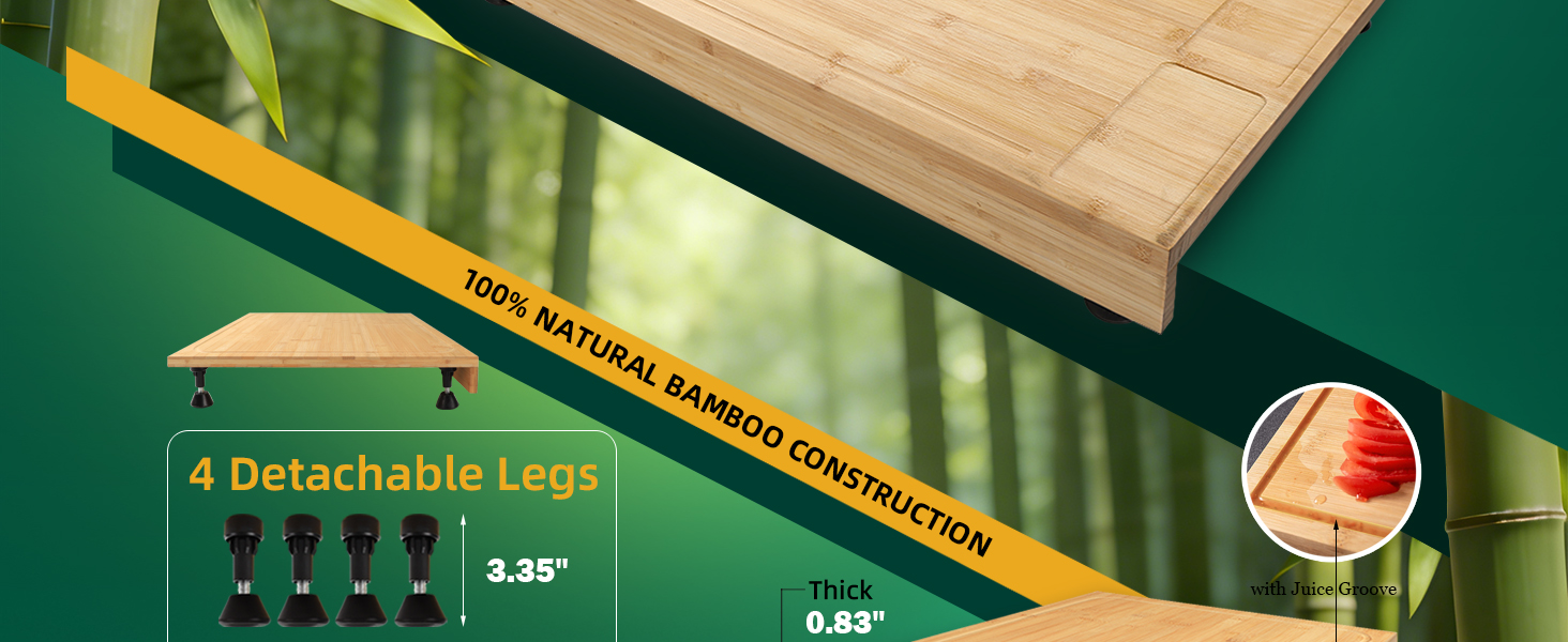 30 x 21 in Extra Large Bamboo Cutting Board, Stovetop Cover, Sink Cover, Noodle Board with Detachable Legs & Detachable Non-Slip Front Lip for Kitchen Countertop